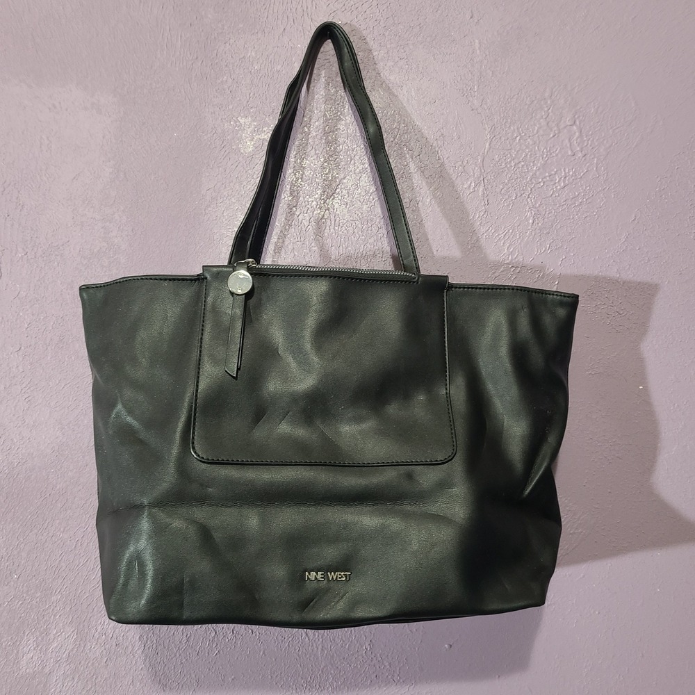Nine West Liana Tote Bag Women Large Black Faux Leather Minimalist Shoulder‎ Bag